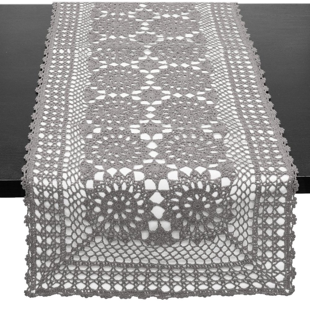 Dark Grey Handmade Crochet Mandala Cotton Rectangular Table Runner - 16"W X 72"L